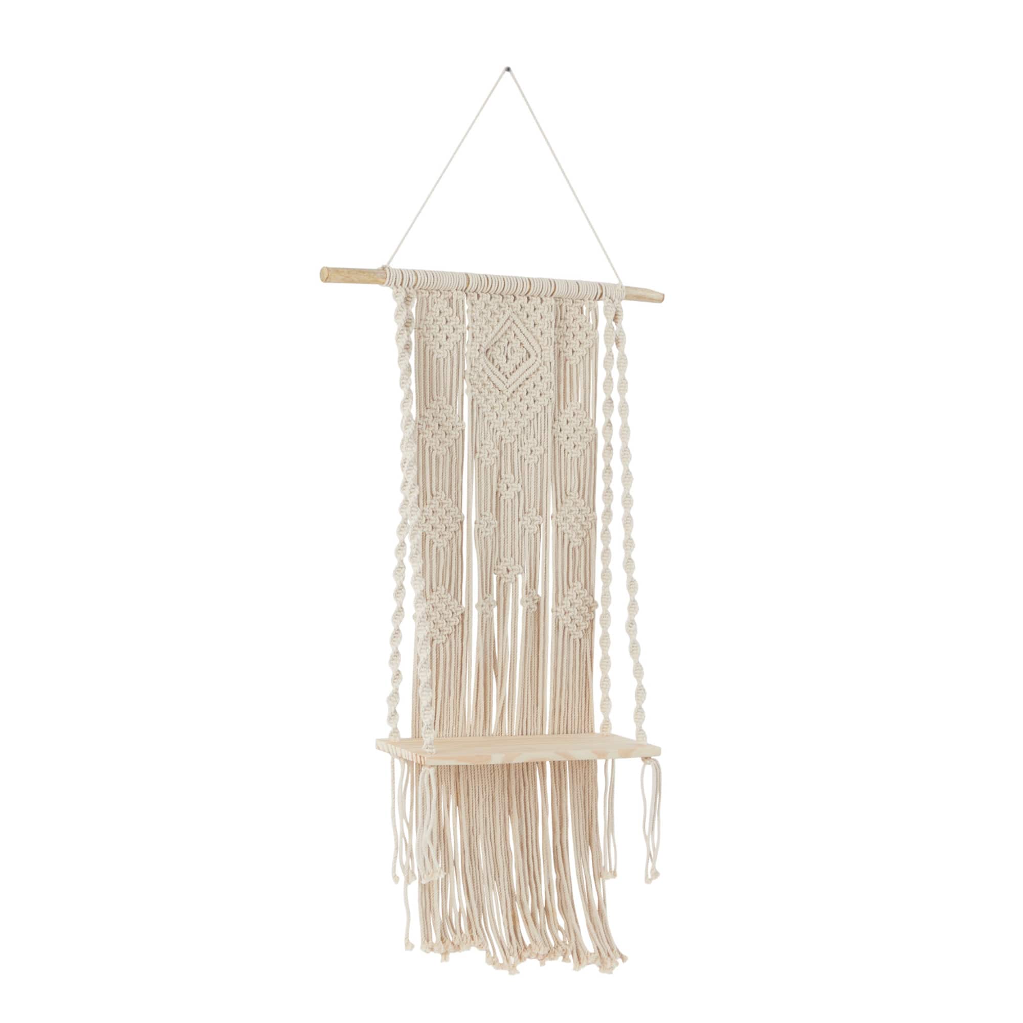 White Cotton Handmade Macrame 1 Shelf Wall Shelf 25" x 6" x 55"